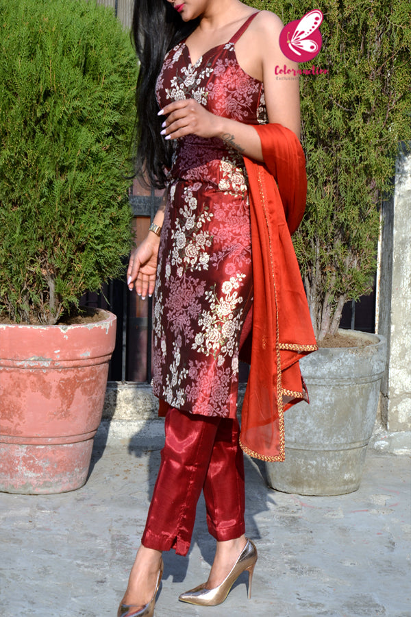 Rust Brocade Kurti With Rust Shantoon Pants and Rust Chinnon Lace Stole