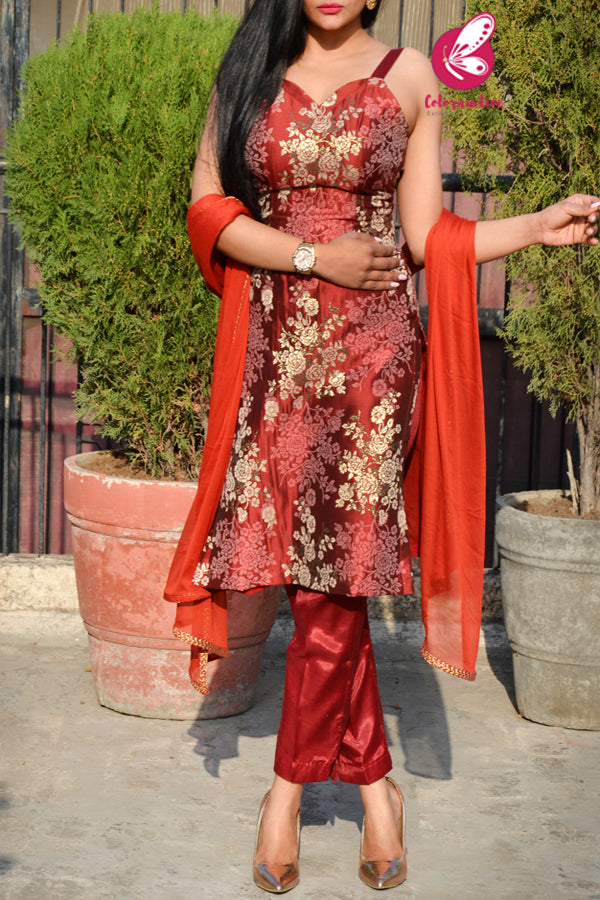Rust Brocade Kurti With Rust Shantoon Pants and Rust Chinnon Lace Stole