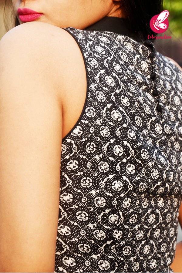 Black &amp; White Printed Rayon High Slit Kurti
