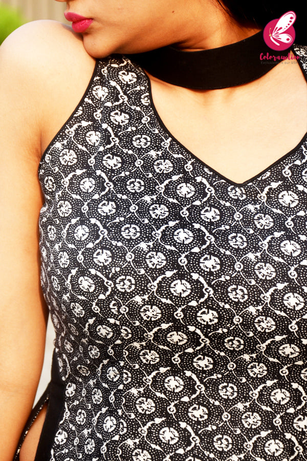 Black &amp; White Printed Rayon High Slit Kurti
