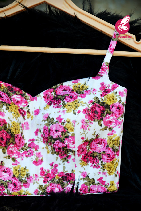 White Multicoloured Floral Strappy Tussar Cotton Backless Blouse