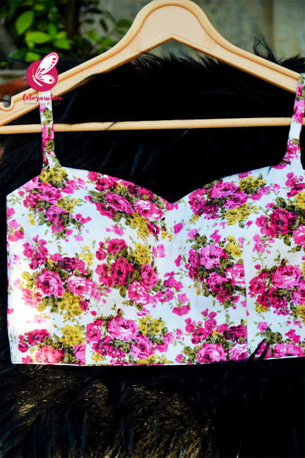 White Multicoloured Floral Strappy Tussar Cotton Backless Blouse