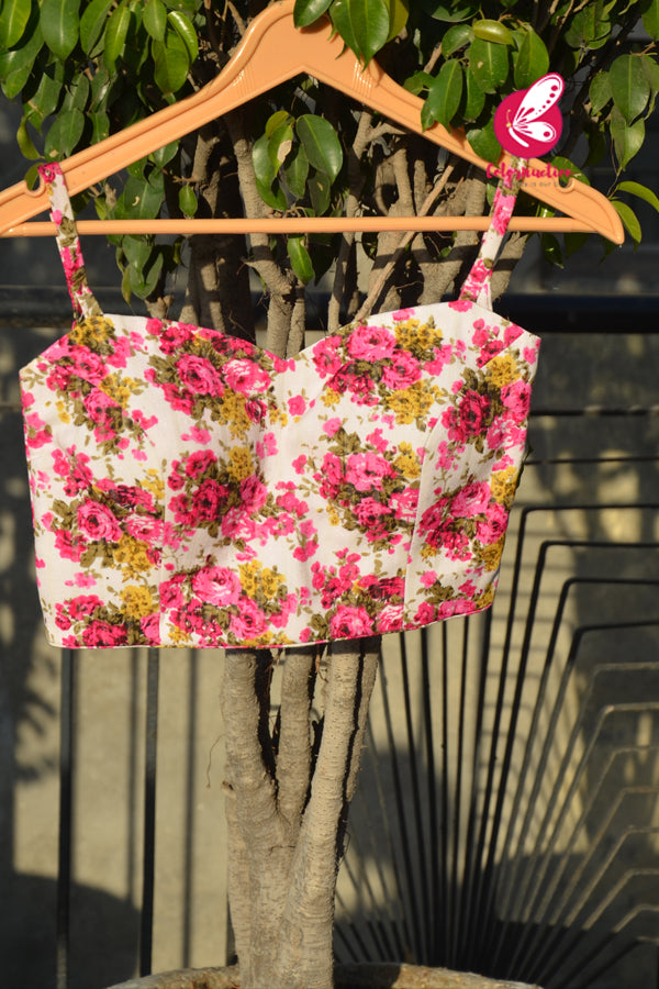 White Multicoloured Floral Strappy Tussar Cotton Backless Blouse
