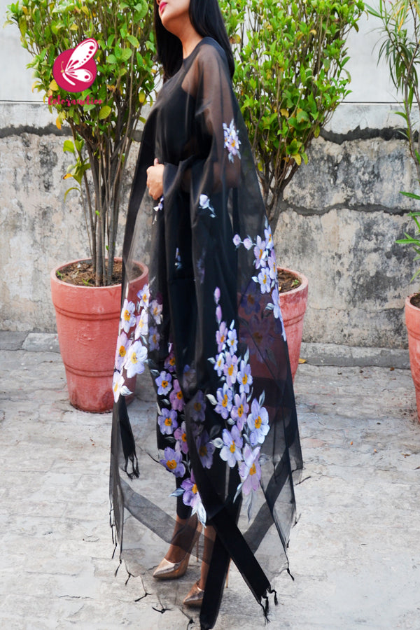 Black Lilac Floral Pure Organza Stole