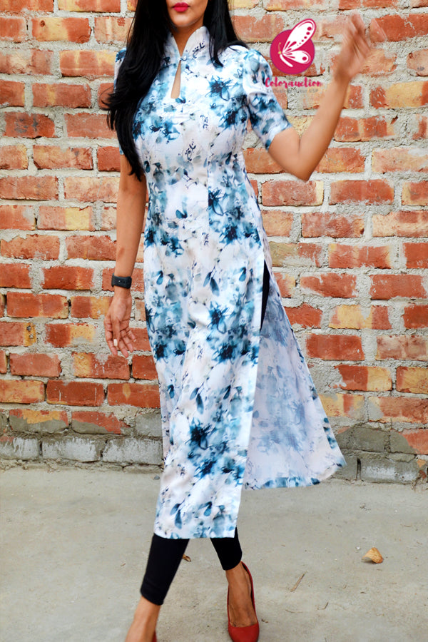 Blue &amp; White CottonLinen Slub Puff Sleeves Kurti