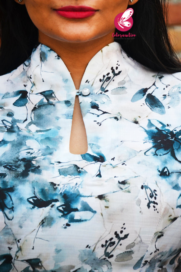 Blue &amp; White CottonLinen Slub Puff Sleeves Kurti