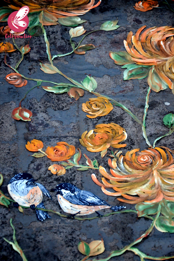 Black Organza Orange Dahlia Hand painted Stole