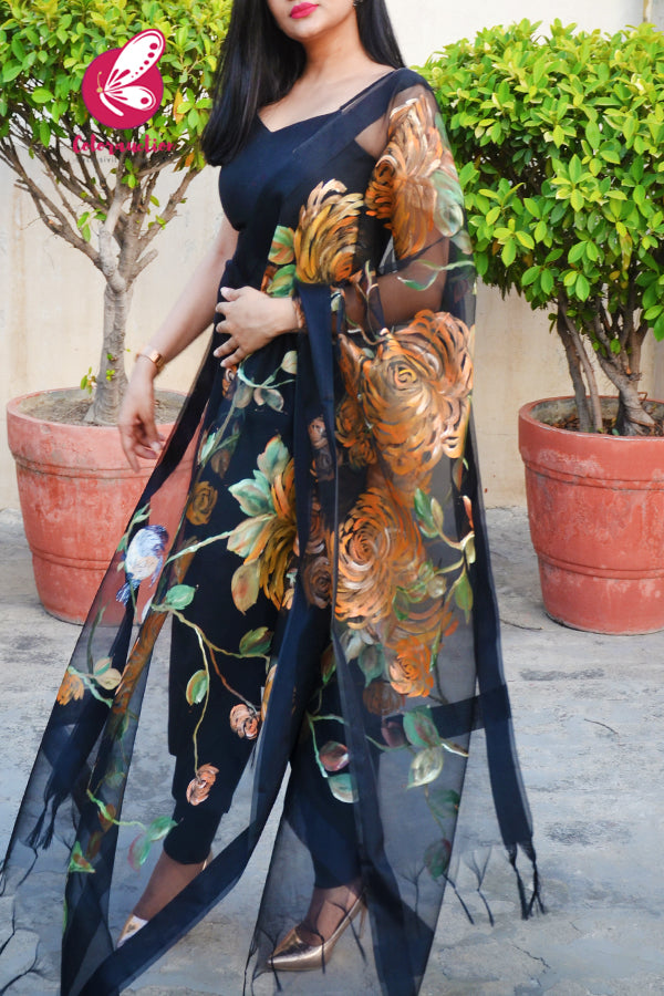 Black Organza Orange Dahlia Hand painted Stole