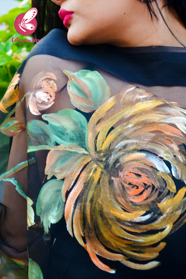 Black Organza Orange Dahlia Hand painted Stole