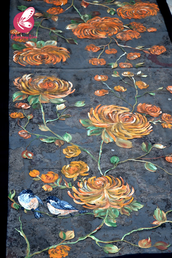Black Organza Orange Dahlia Hand painted Stole
