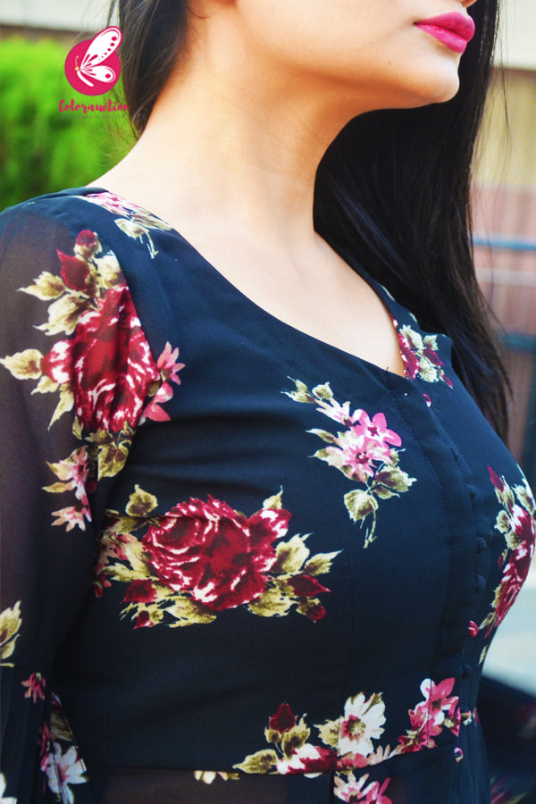 Black Printed Georgette Floral Long Kurti