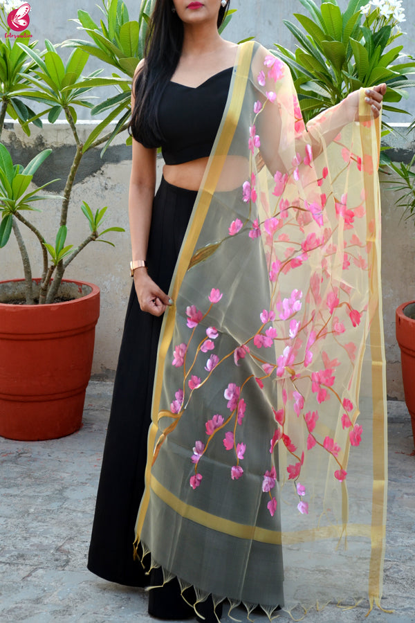 Cream Organza Hand painted Floral Stole