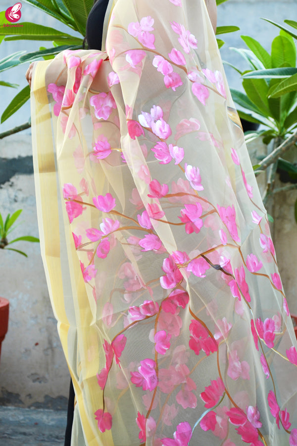 Cream Organza Hand painted Floral Stole