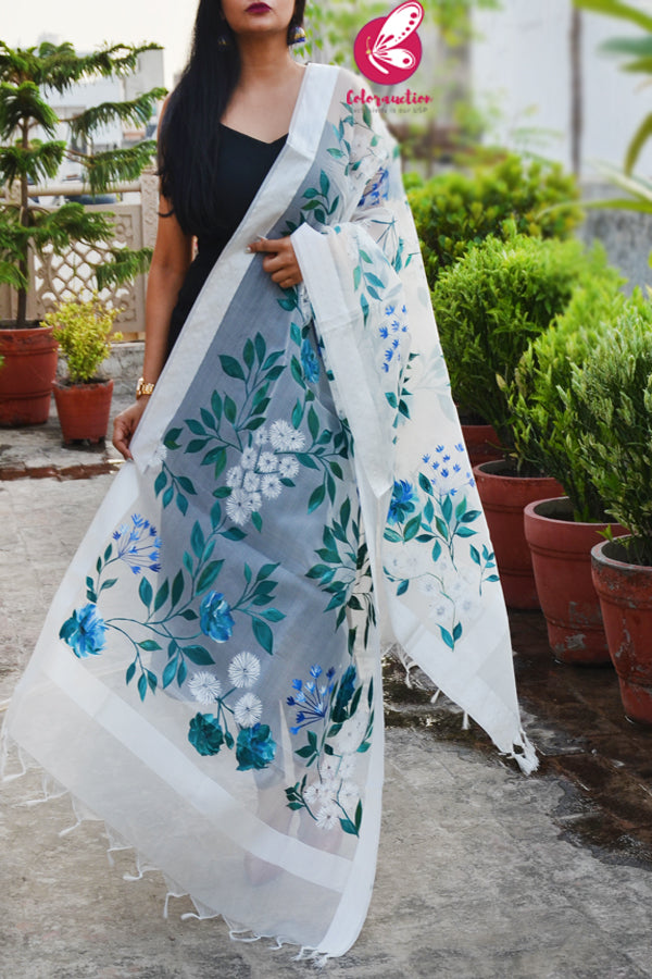 Off White Pure Organza Teal-Green Pure Organza Stole
