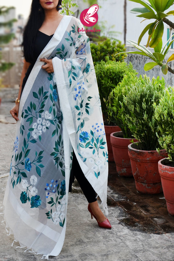 Off White Pure Organza Teal-Green Pure Organza Stole