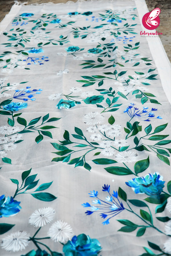 Off White Pure Organza Teal-Green Pure Organza Stole