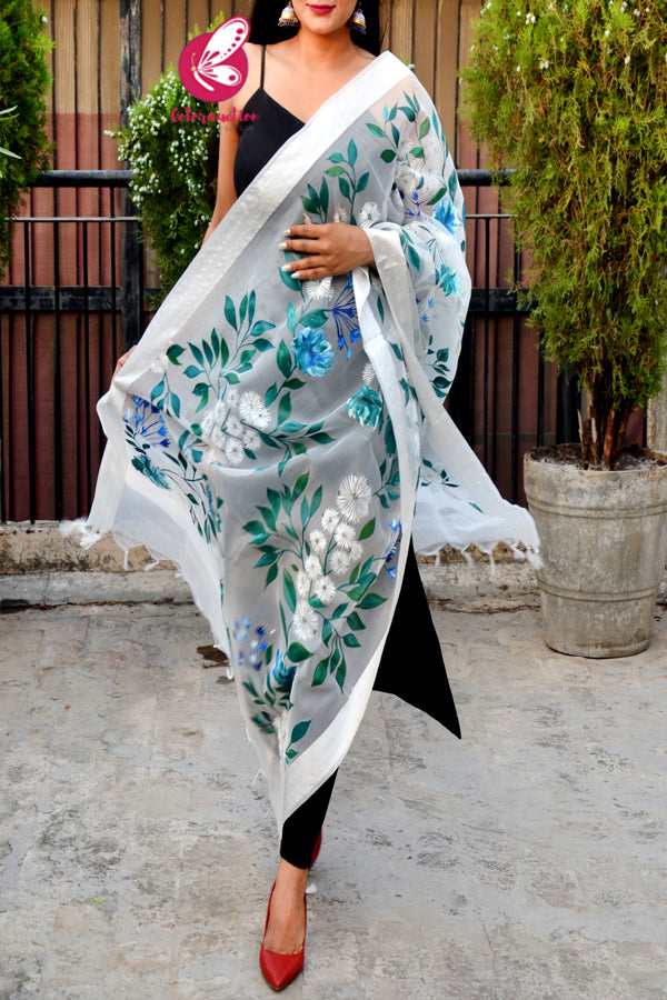 Off White Pure Organza Teal-Green Pure Organza Stole