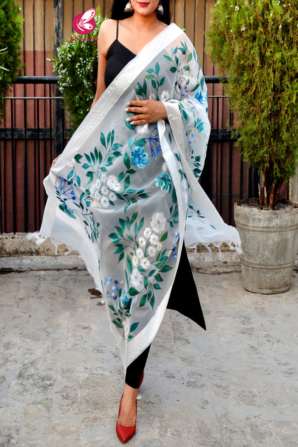 Off White Pure Organza Teal-Green Pure Organza Stole