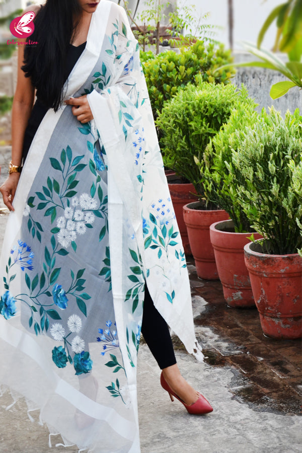 Off White Pure Organza Teal-Green Pure Organza Stole