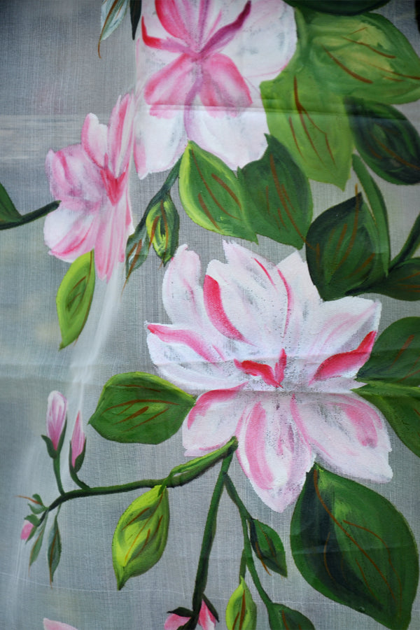 Off White Pink Floral Handpainted Pure Organza Stole