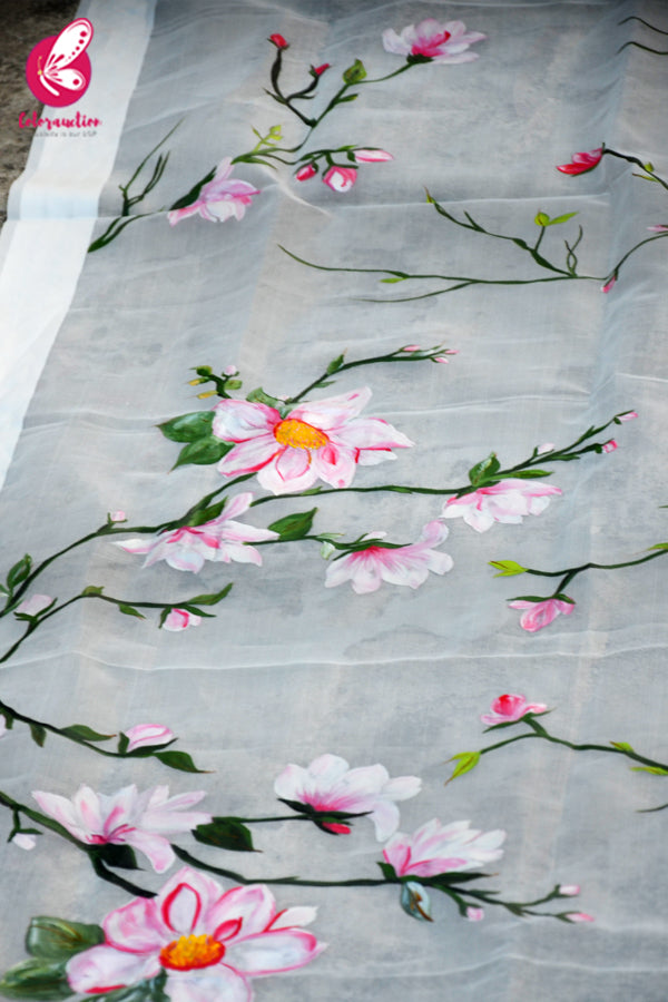 Off White Pink Floral Handpainted Pure Organza Stole