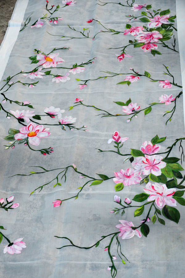 Off White Pink Floral Handpainted Pure Organza Stole