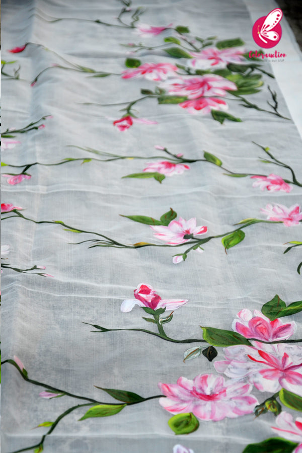 Off White Pink Floral Handpainted Pure Organza Stole