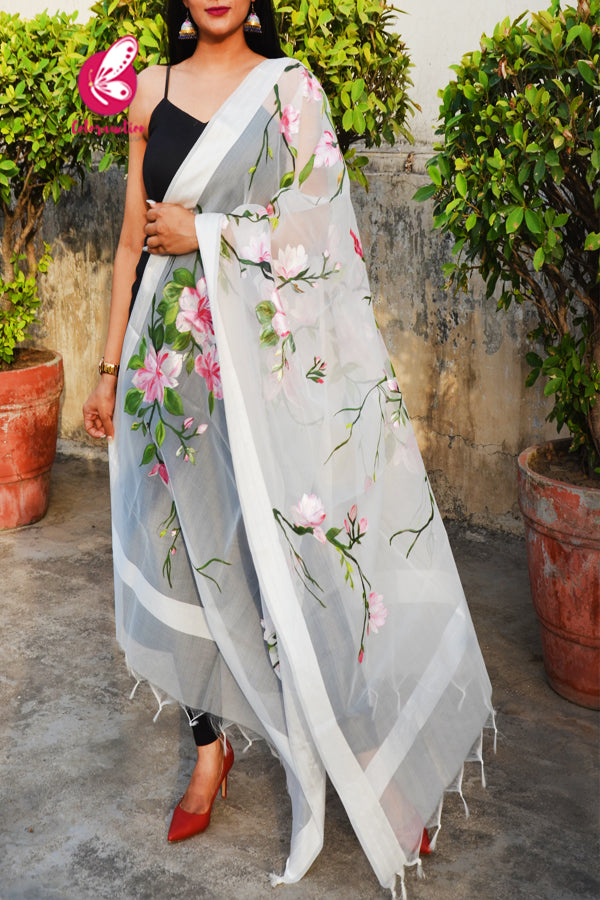 Off White Pink Floral Handpainted Pure Organza Stole