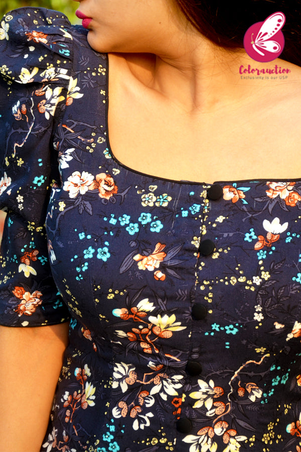 Blue Floral Printed Rayon Half Sleeves Kurti
