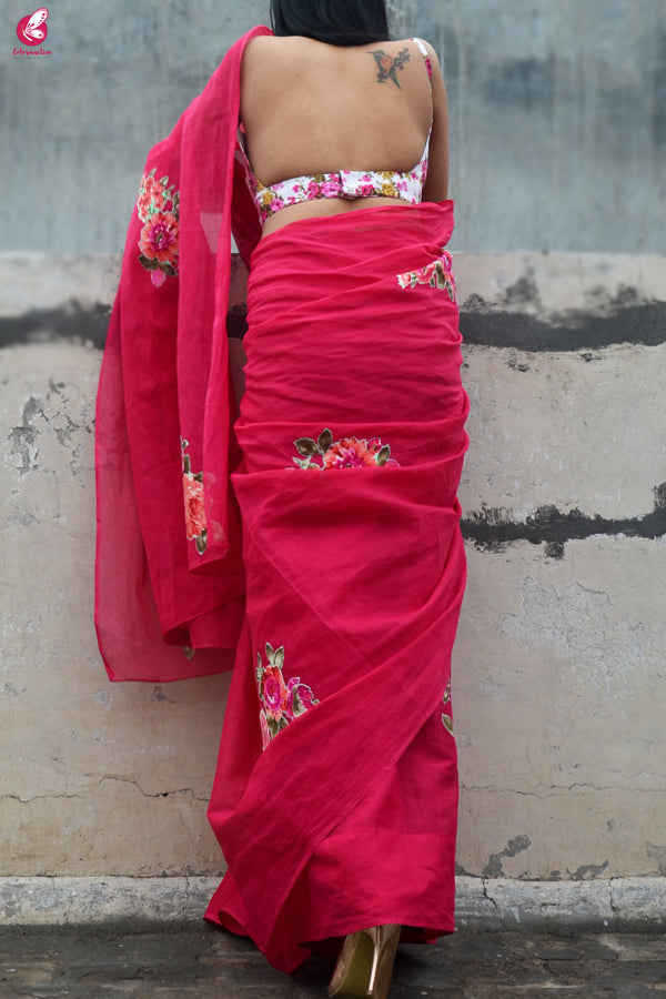 Magenta Organdy Applique Floral Saree