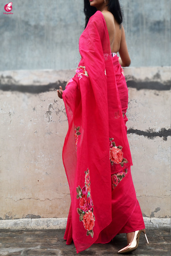 Magenta Organdy Applique Floral Saree