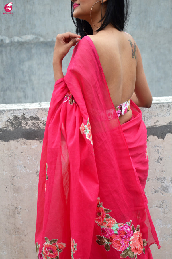 Magenta Organdy Applique Floral Saree
