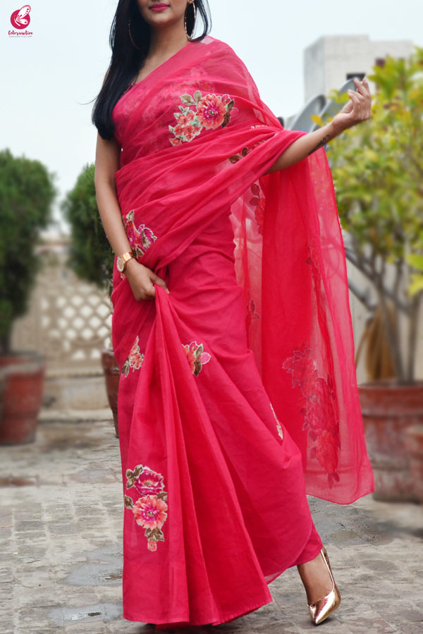 Magenta Organdy Applique Floral Saree