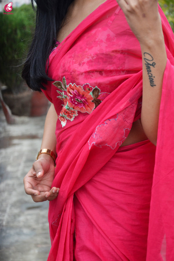 Magenta Organdy Applique Floral Saree