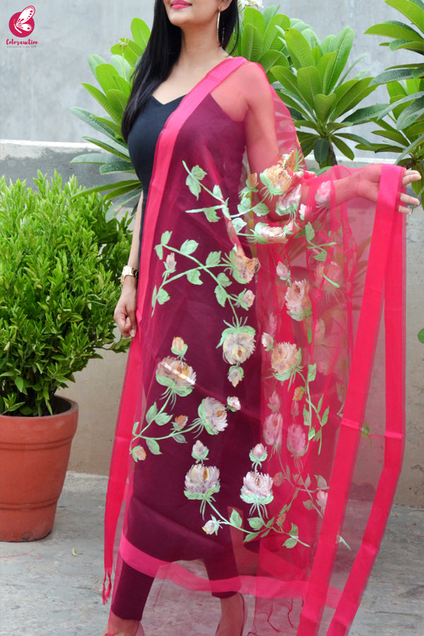 Pink Organza Hand painted Floral Stole
