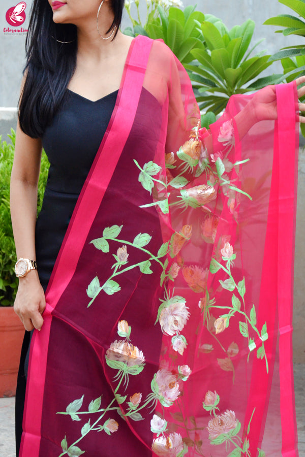Pink Organza Hand painted Floral Stole