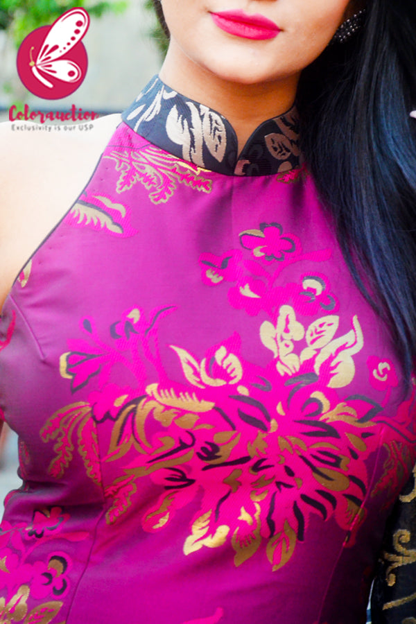 Magenta & Golden Brocade Silk Padded Kurti with Magenta Cotton Silk Pants and Black Golden Chanderi Dupatta