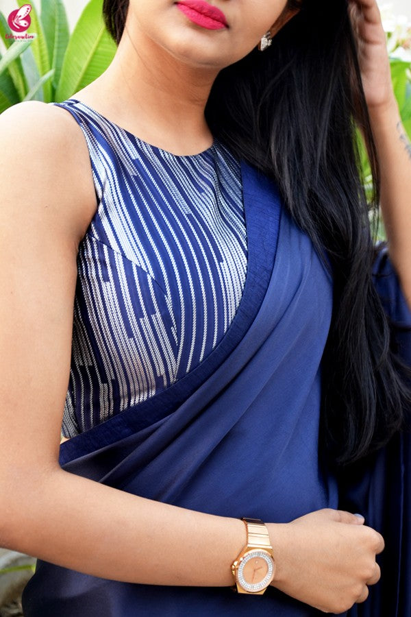 Blue Silver Crepe Keyhole Back Padded Blouse