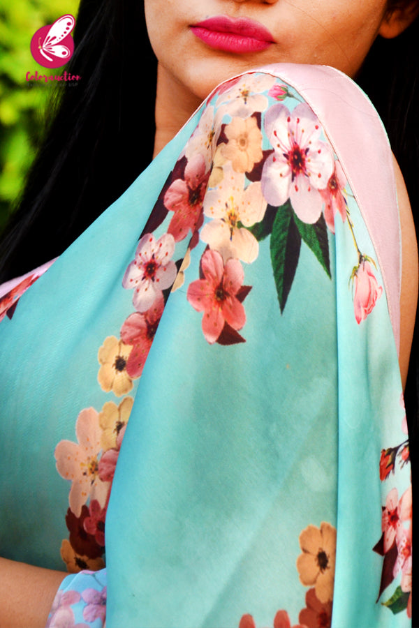 Printed Multicolored Floral Motifs Satin Saree