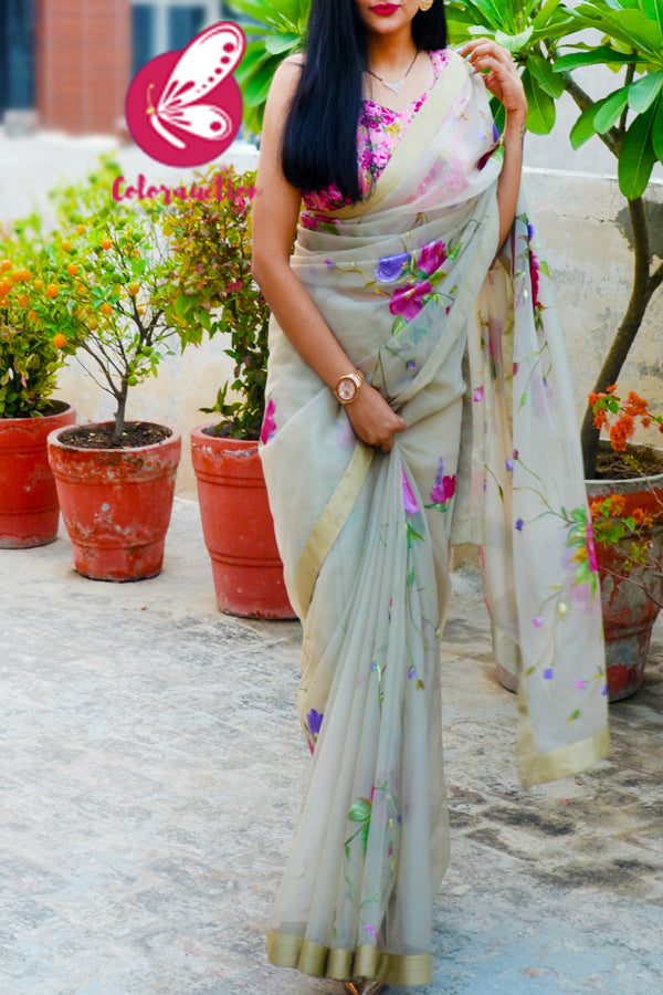 Light Sage Green Hand-painted Pure Organza Saree