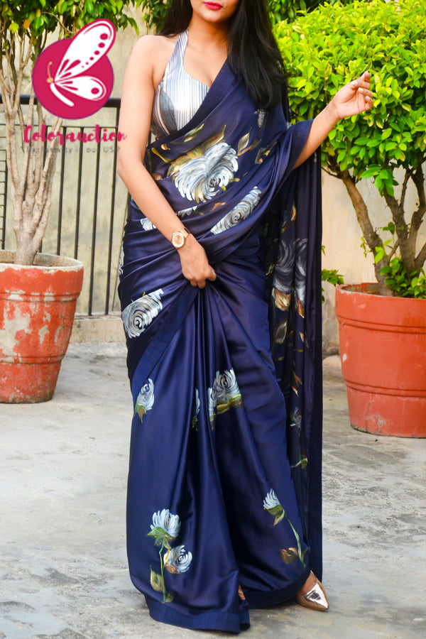 Blue Hand-painted Satin Floral Dupion Taping Saree