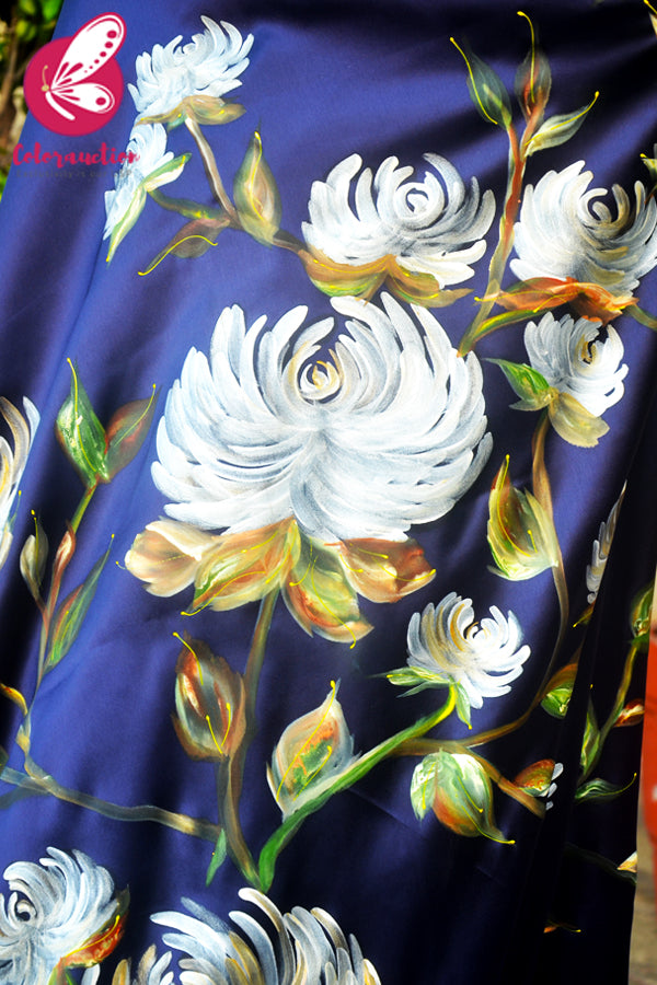 Blue Hand-painted Satin Floral Dupion Taping Saree