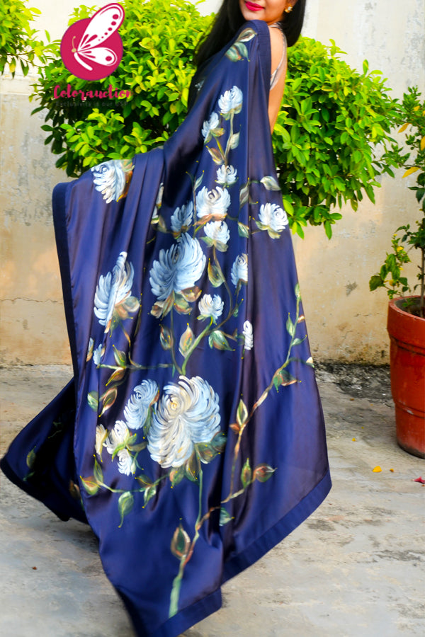 Blue Hand-painted Satin Floral Dupion Taping Saree