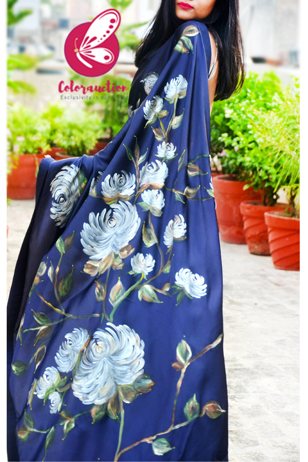 Blue Hand-painted Satin Floral Dupion Taping Saree