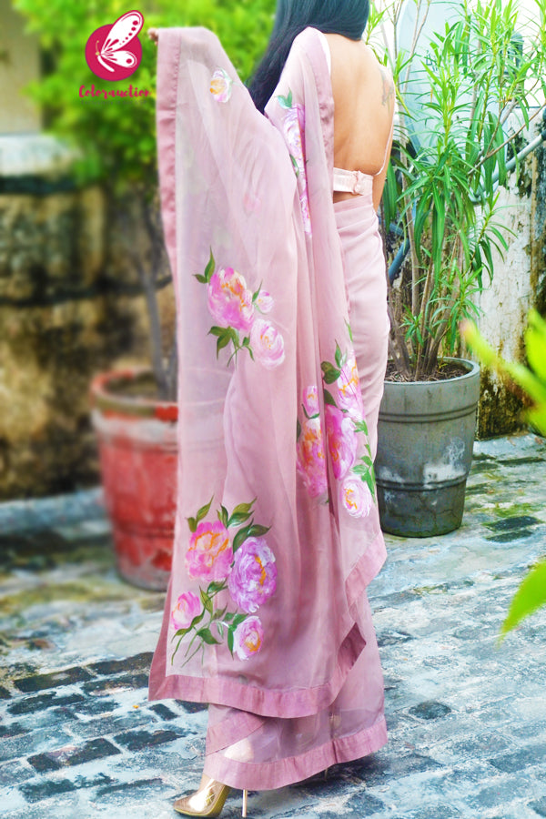 Light Mauve Hand-painted Organza Georgette Dupion Taping Saree