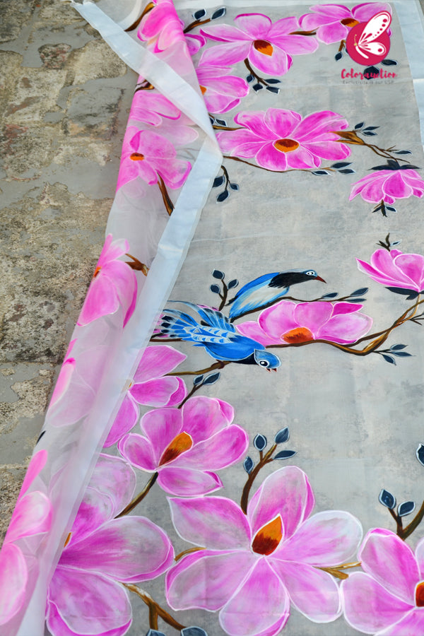 Off White Big Pink Flowers Blue Bird Pure Organza Handpainted Stole