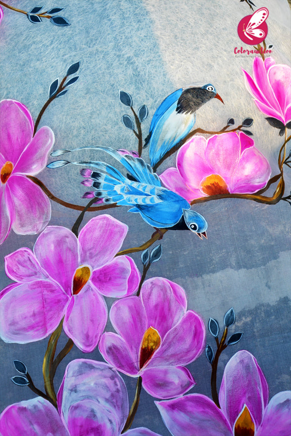 Off White Big Pink Flowers Blue Bird Pure Organza Handpainted Stole