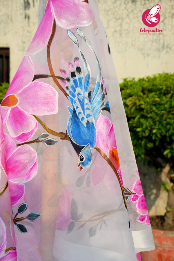 Off White Big Pink Flowers Blue Bird Pure Organza Handpainted Stole