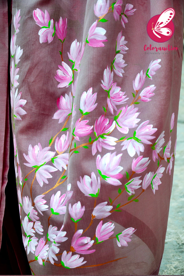 Mauve Hand-painted Pure Organza Saree