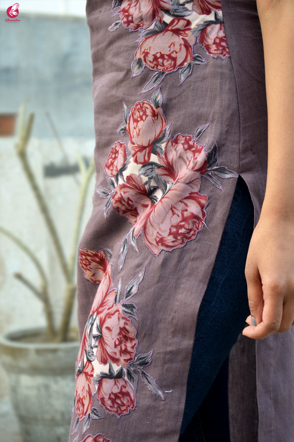 Mauve Pure Linen Patch Work Kurti